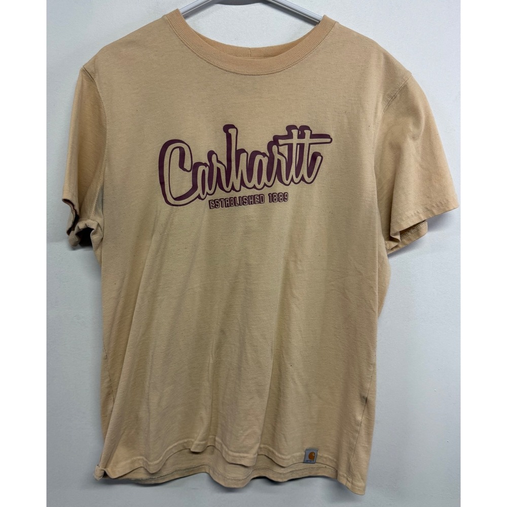 Carhartt Women Tan Graphic T-Shirt Loose Fit Short Sleeve Purple Logo Large